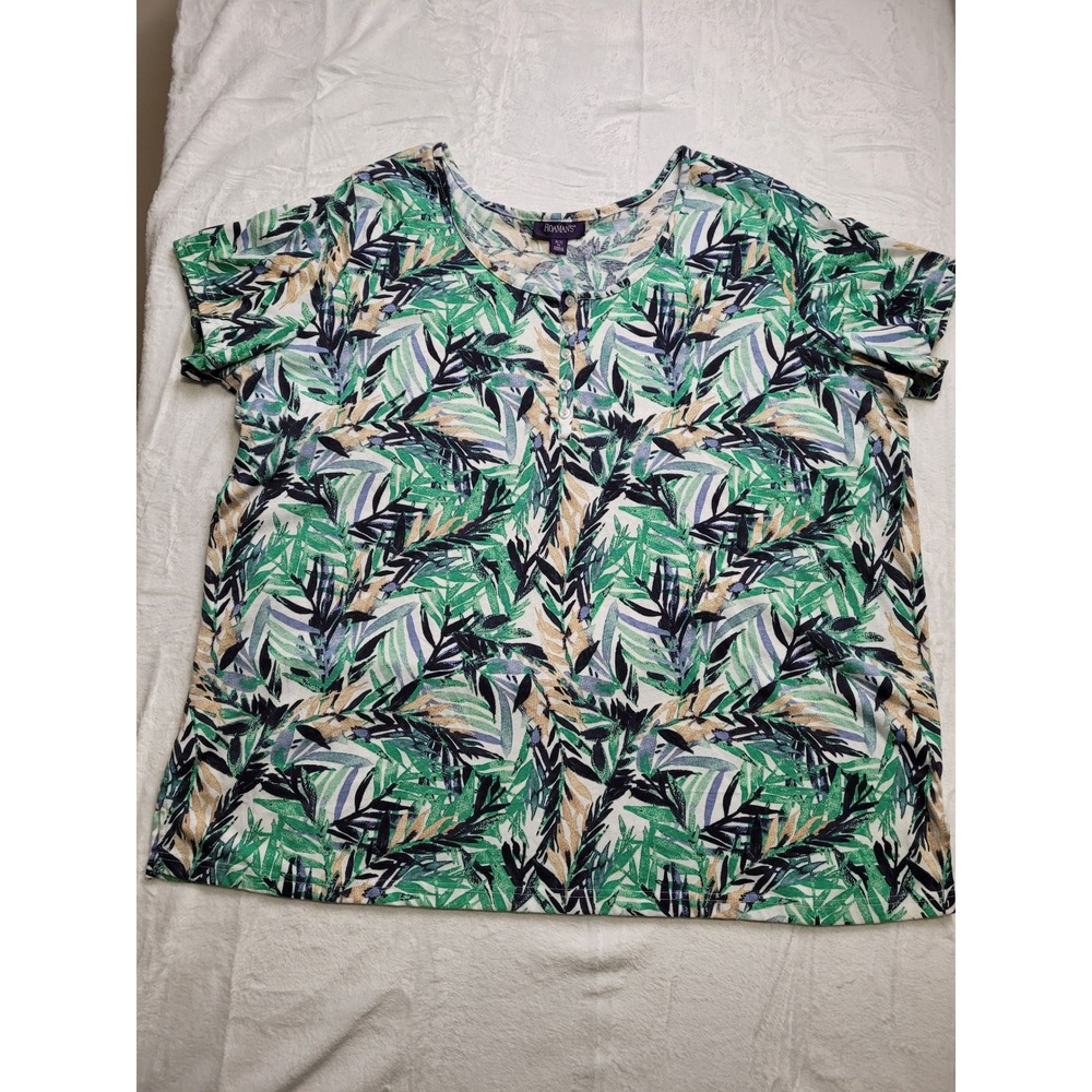 Roaman's Henley Top Women 3X Green Tropical Leaf Print Short Sleeve